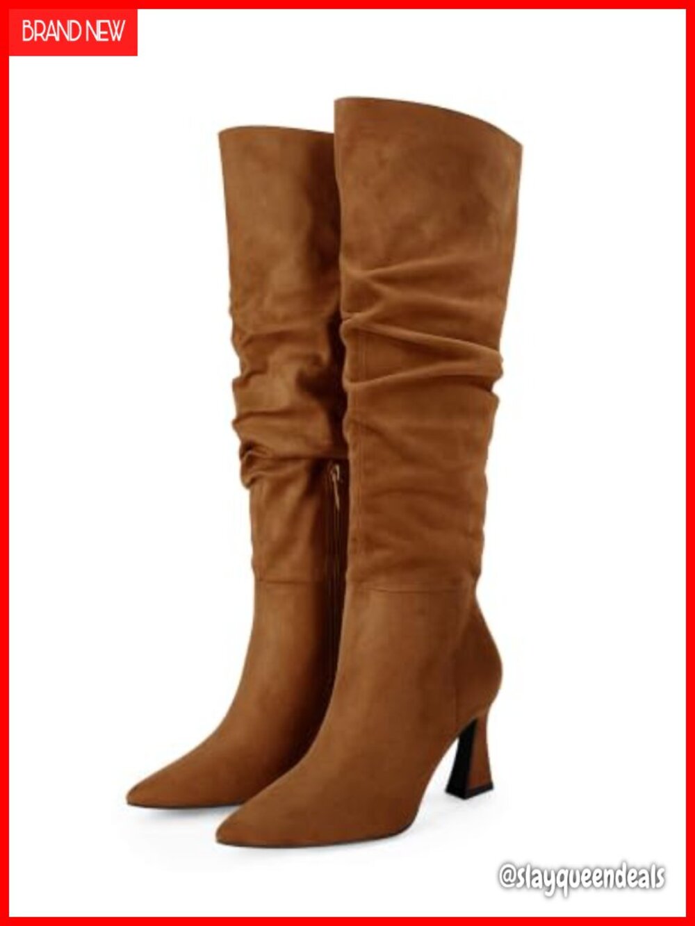 Faux Suede Slouchy Knee High Boots Pointed Toe Chunky Heel Wide Calf